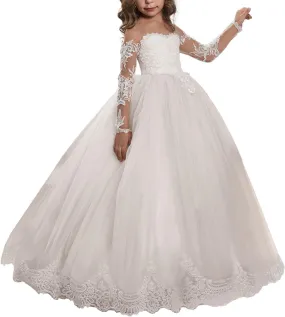 Abaowedding Lace Embroidery Sheer Long Sleeves Kids Trailing Gowns