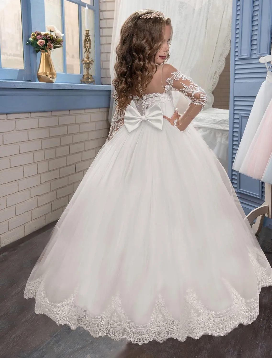 Abaowedding Lace Embroidery Sheer Long Sleeves Kids Trailing Gowns
