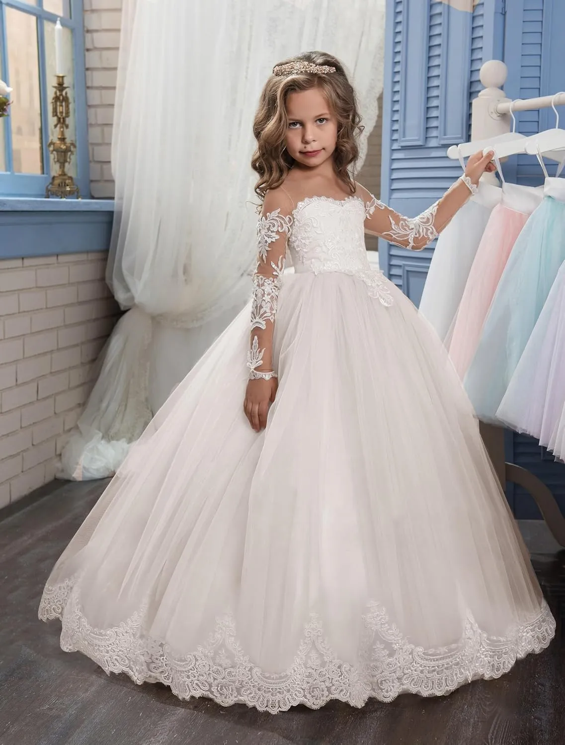 Abaowedding Lace Embroidery Sheer Long Sleeves Kids Trailing Gowns
