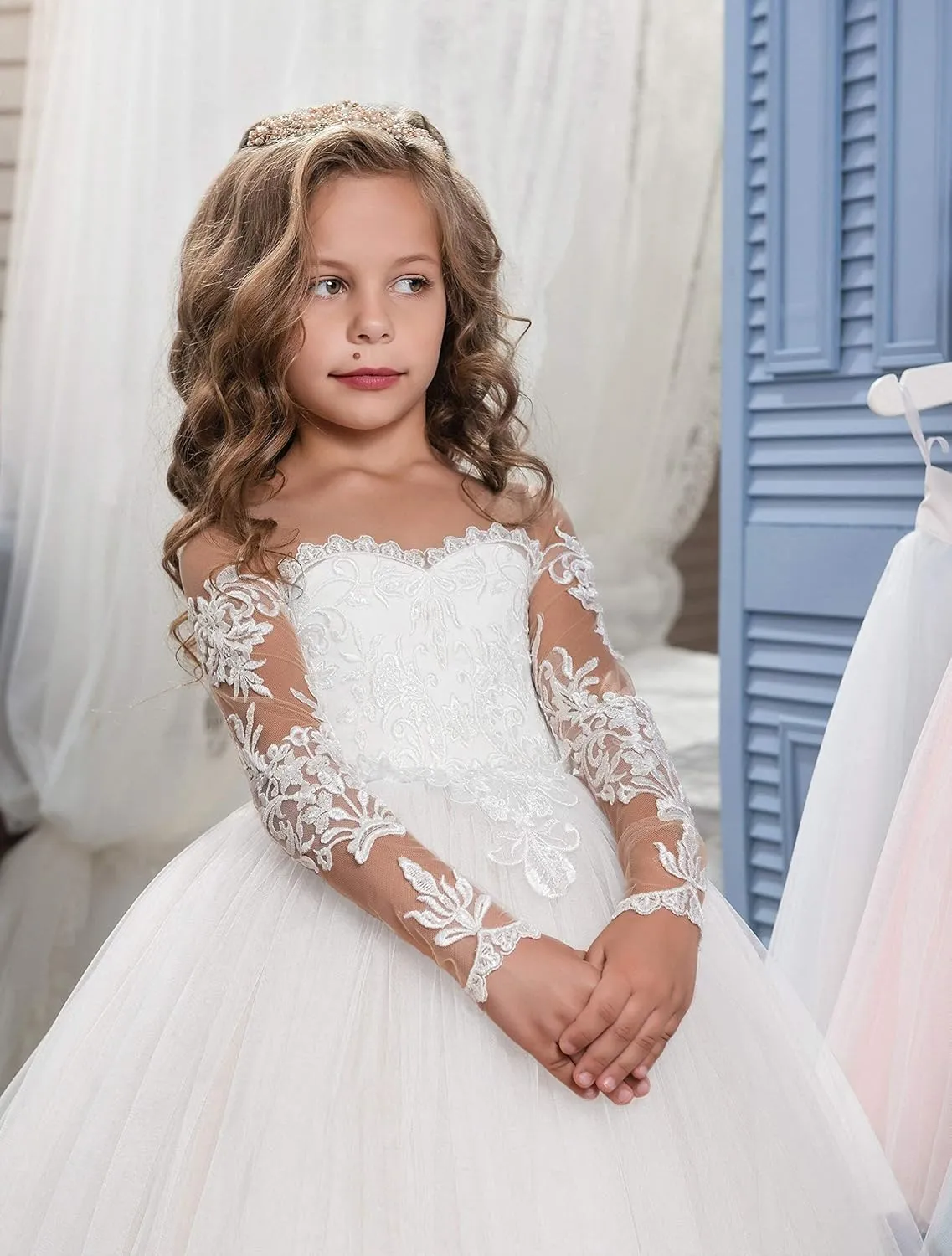 Abaowedding Lace Embroidery Sheer Long Sleeves Kids Trailing Gowns