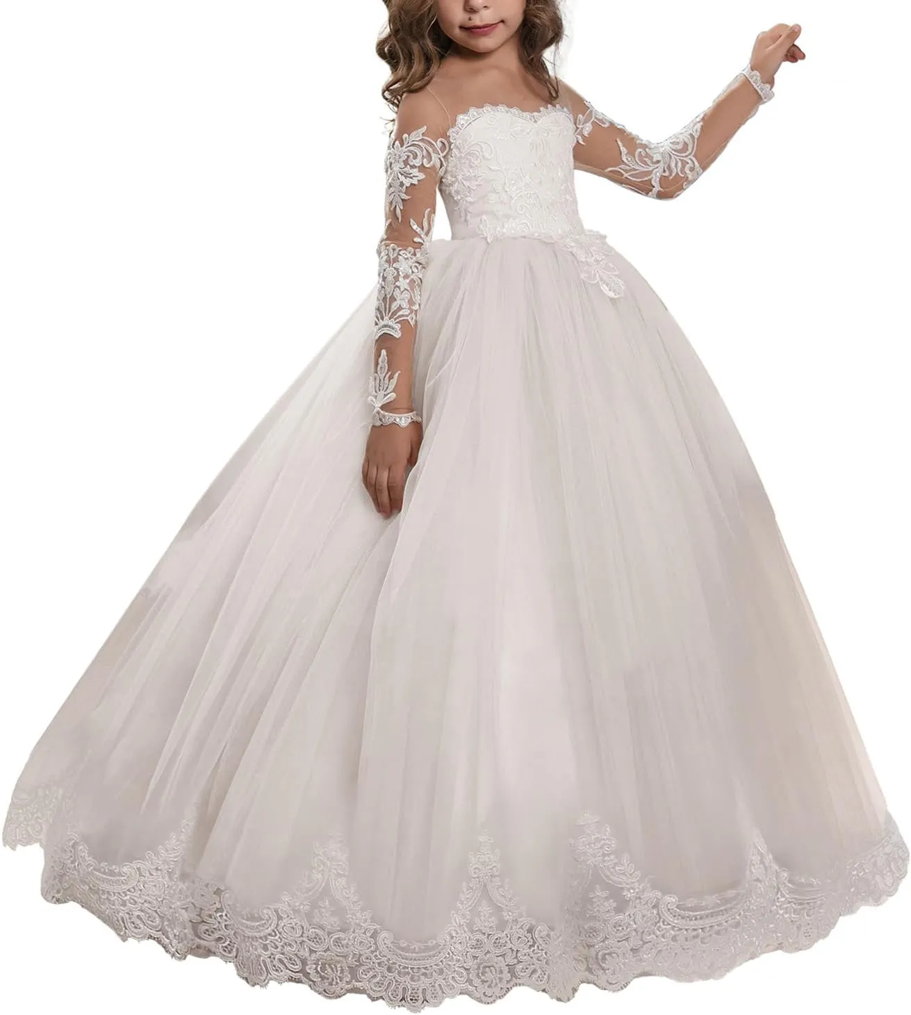 Abaowedding Lace Embroidery Sheer Long Sleeves Kids Trailing Gowns