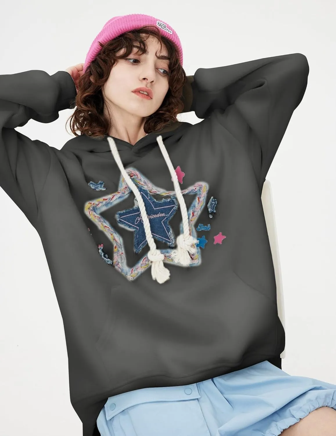 Aelfric Eden Womens Oversized Hoodies Star Graphic Fleece Hooded Streetwear Unisex Sweatshirts Pullover with Pocket