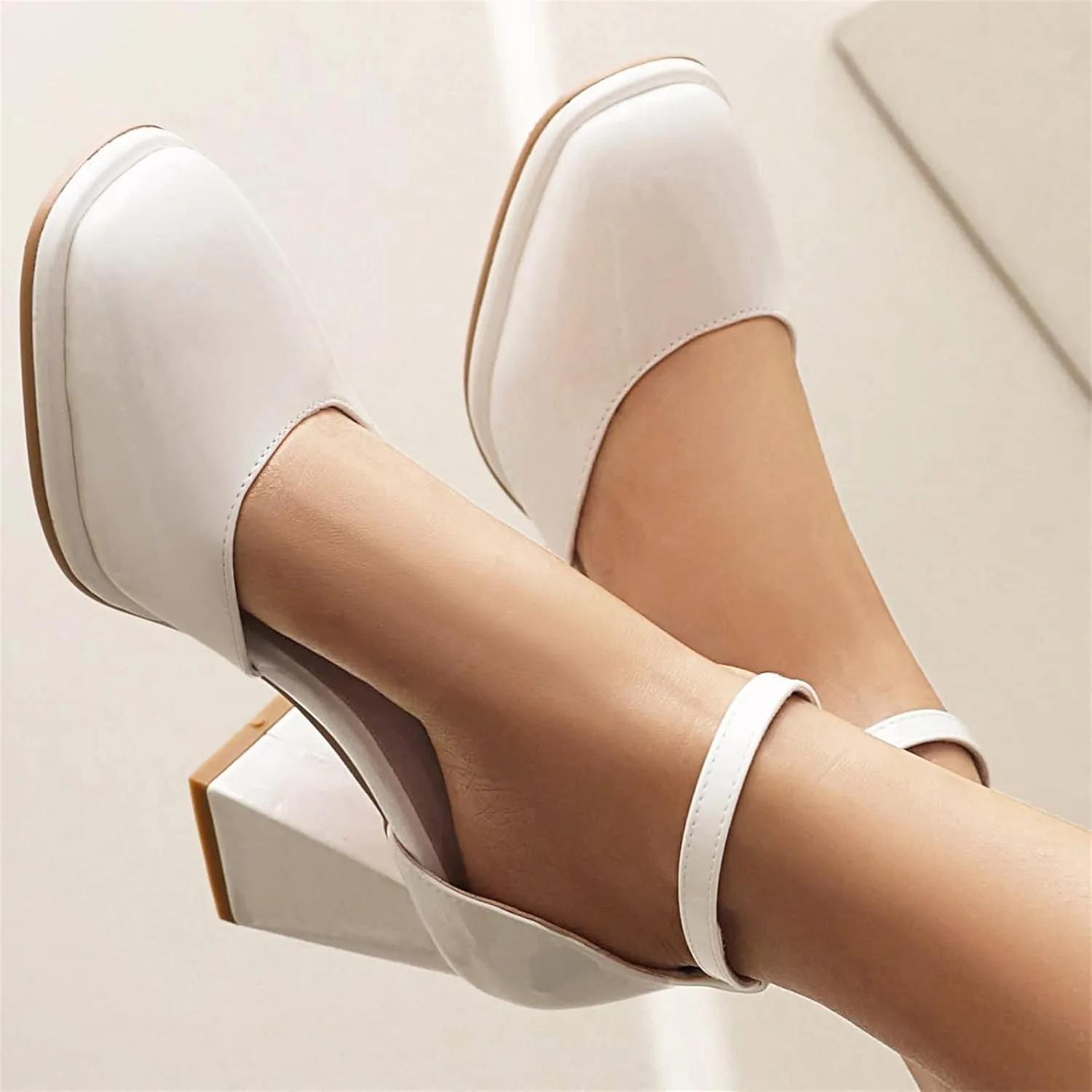AIMODOR Womens Mary Jane Block Heels Patent Leather Square Toe Pumps Ankle Strap Dress Wedding Shoes