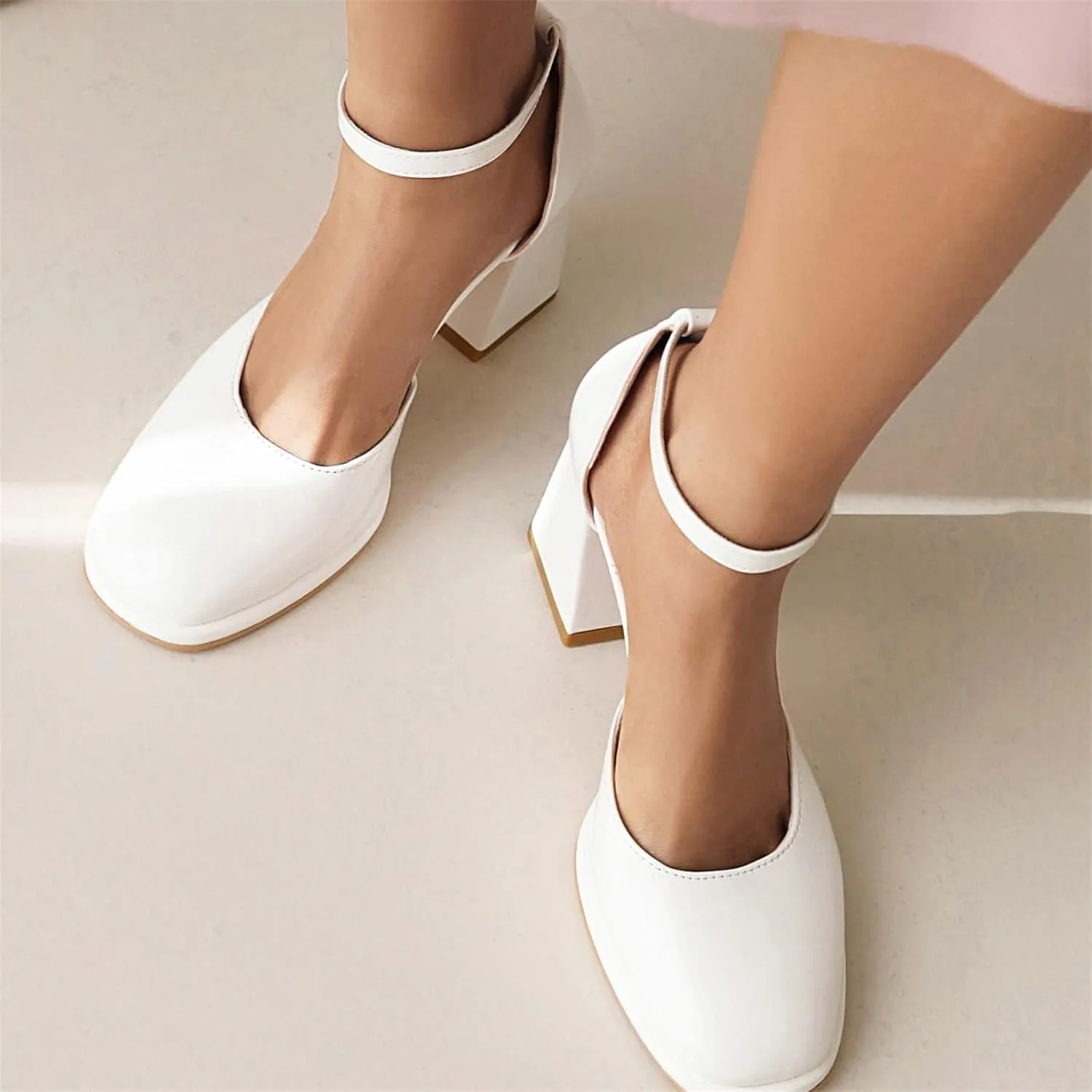 AIMODOR Womens Mary Jane Block Heels Patent Leather Square Toe Pumps Ankle Strap Dress Wedding Shoes