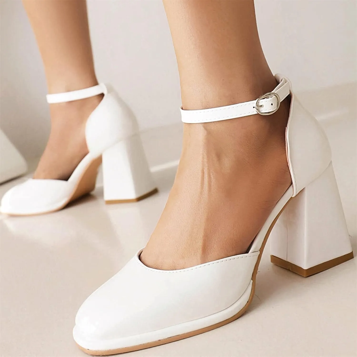 AIMODOR Womens Mary Jane Block Heels Patent Leather Square Toe Pumps Ankle Strap Dress Wedding Shoes
