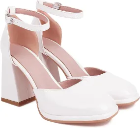 AIMODOR Womens Mary Jane Block Heels Patent Leather Square Toe Pumps Ankle Strap Dress Wedding Shoes