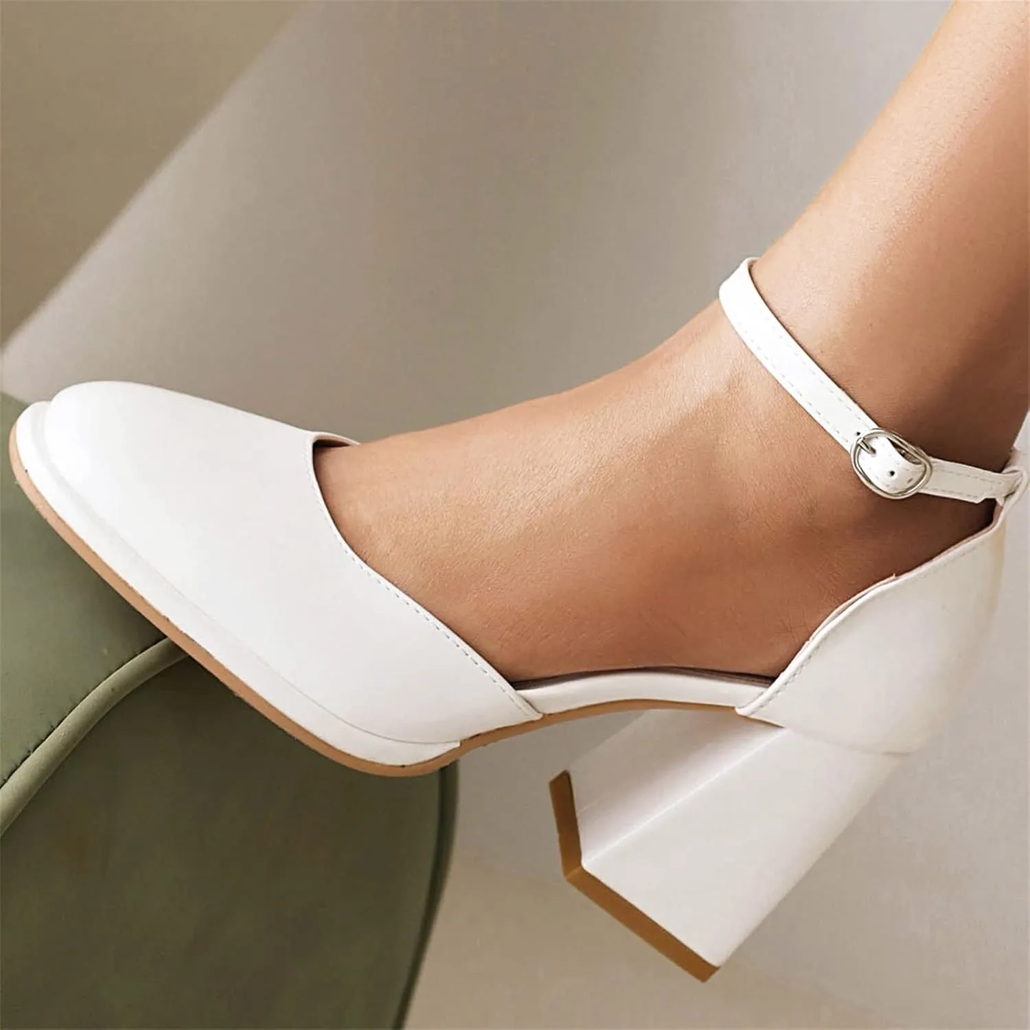 AIMODOR Womens Mary Jane Block Heels Patent Leather Square Toe Pumps Ankle Strap Dress Wedding Shoes