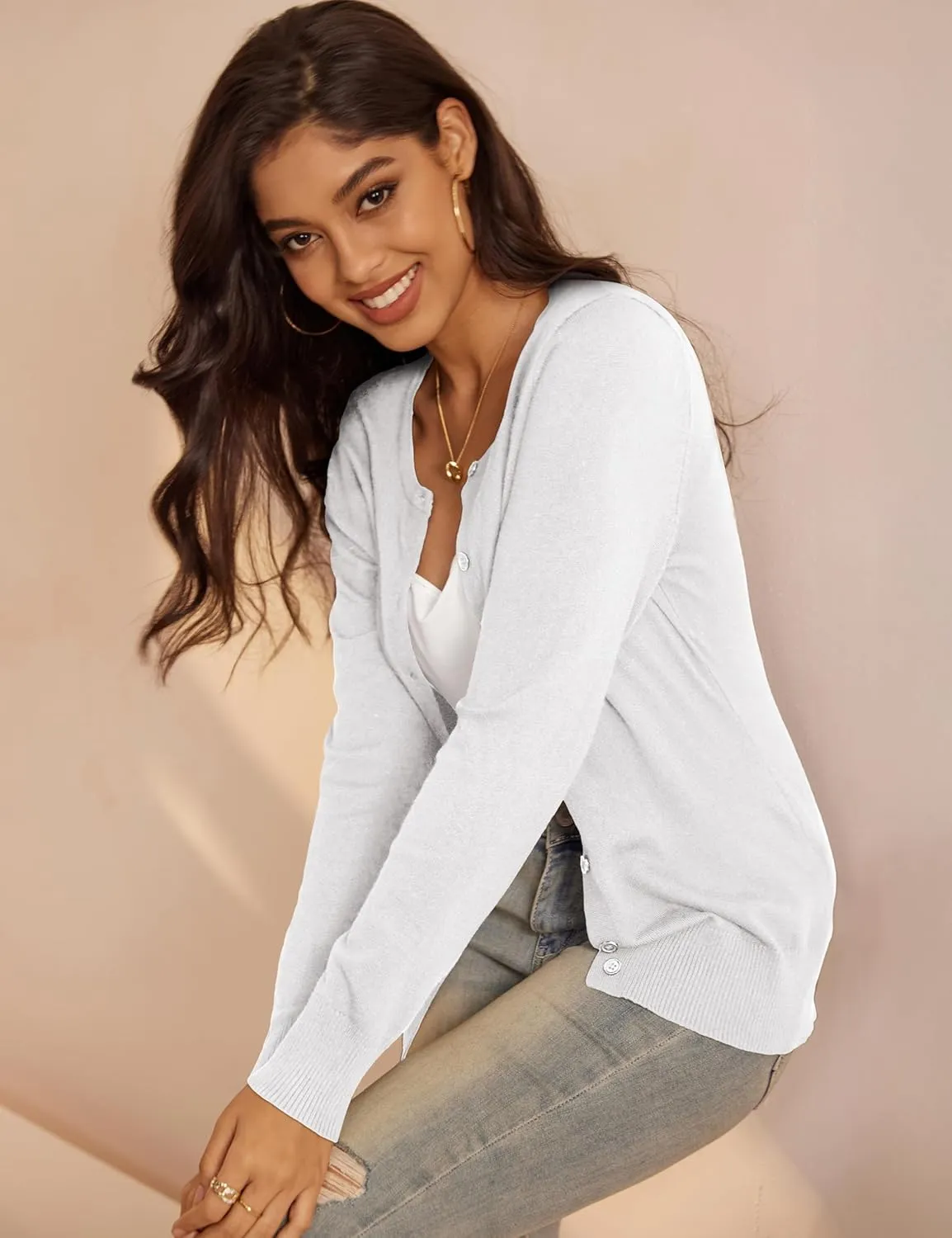 a.Jesdani Women's Button Down Crew Neck Long Sleeve Soft Knit Cardigan Sweaters
