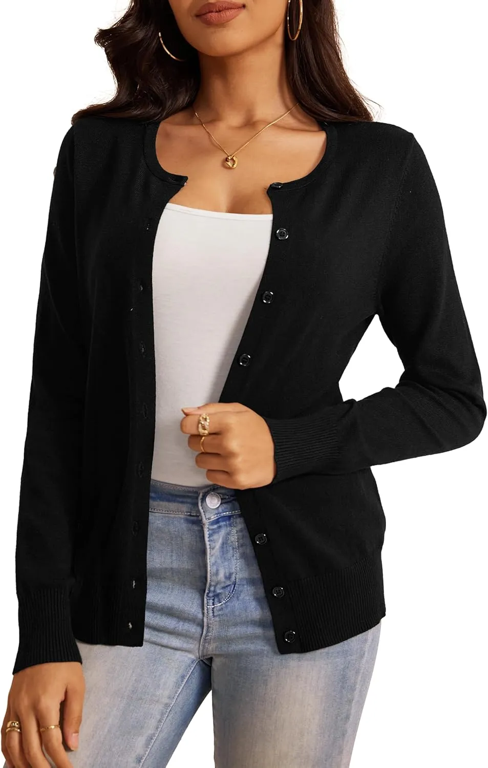a.Jesdani Women's Button Down Crew Neck Long Sleeve Soft Knit Cardigan Sweaters