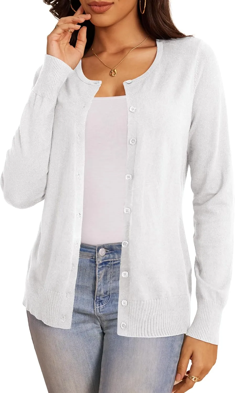 a.Jesdani Women's Button Down Crew Neck Long Sleeve Soft Knit Cardigan Sweaters