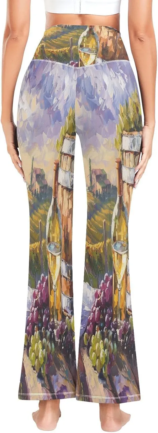 ALAZA Women's White Wine with Barrel Vineyard Grape Flare Yoga Pants