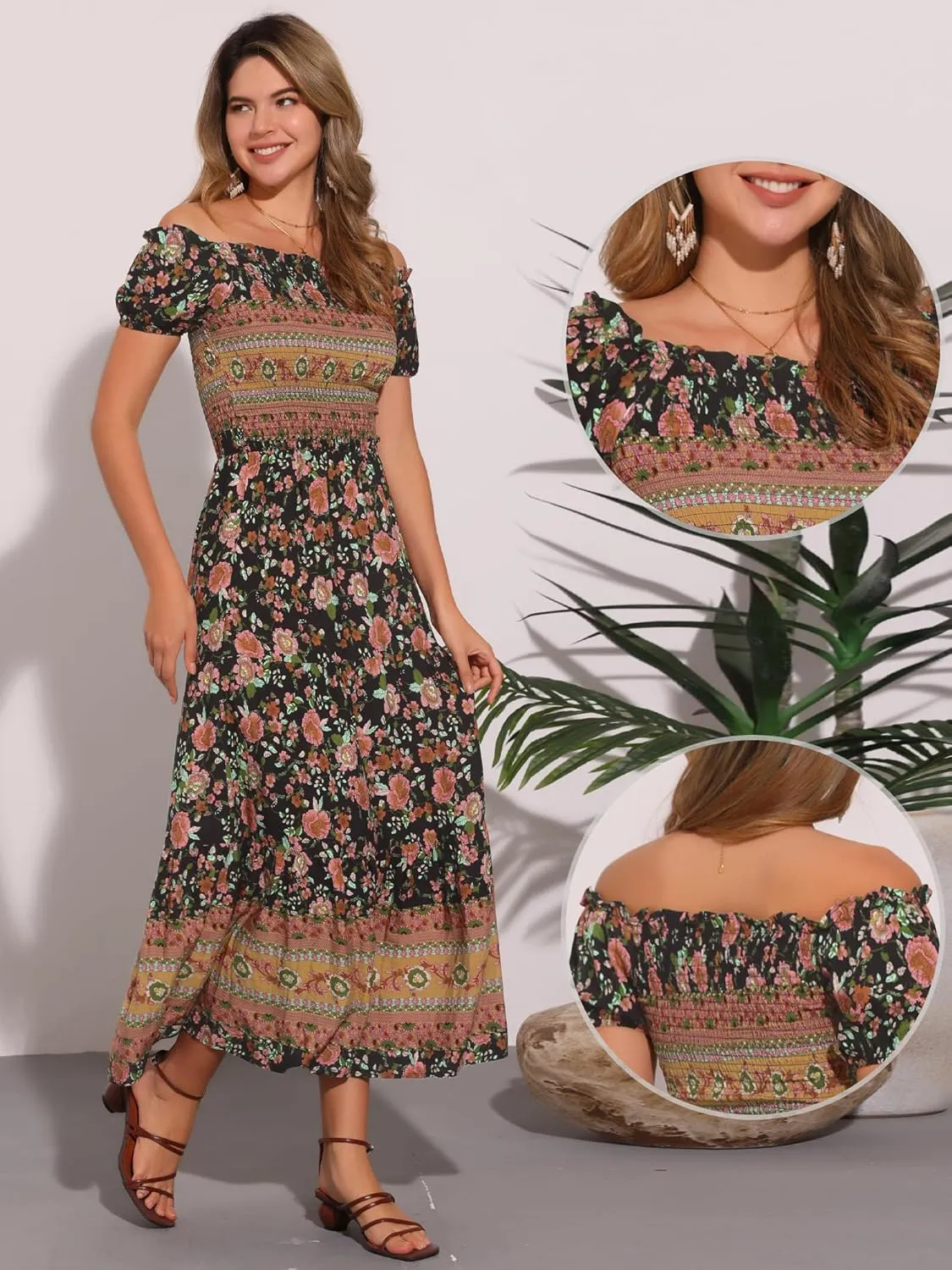 Allegra K Boho Smocked Dress for Women's Maxi Floral Off-Shoulder Flowy Dresses