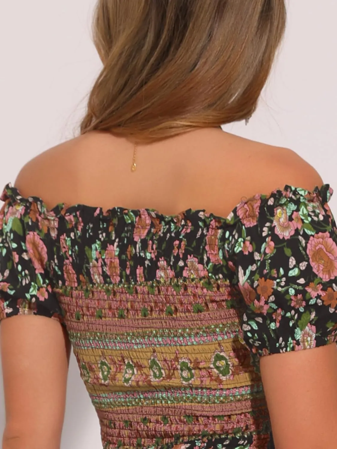 Allegra K Boho Smocked Dress for Women's Maxi Floral Off-Shoulder Flowy Dresses