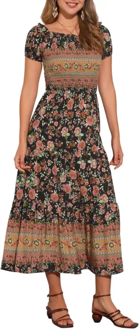 Allegra K Boho Smocked Dress for Women's Maxi Floral Off-Shoulder Flowy Dresses