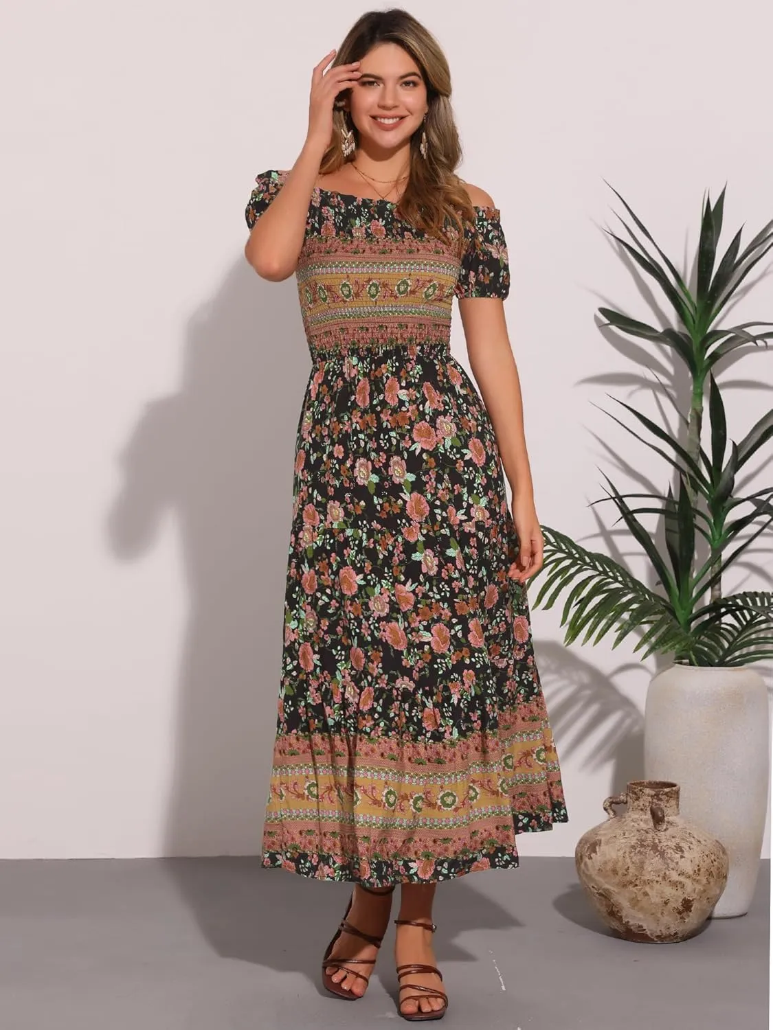 Allegra K Boho Smocked Dress for Women's Maxi Floral Off-Shoulder Flowy Dresses