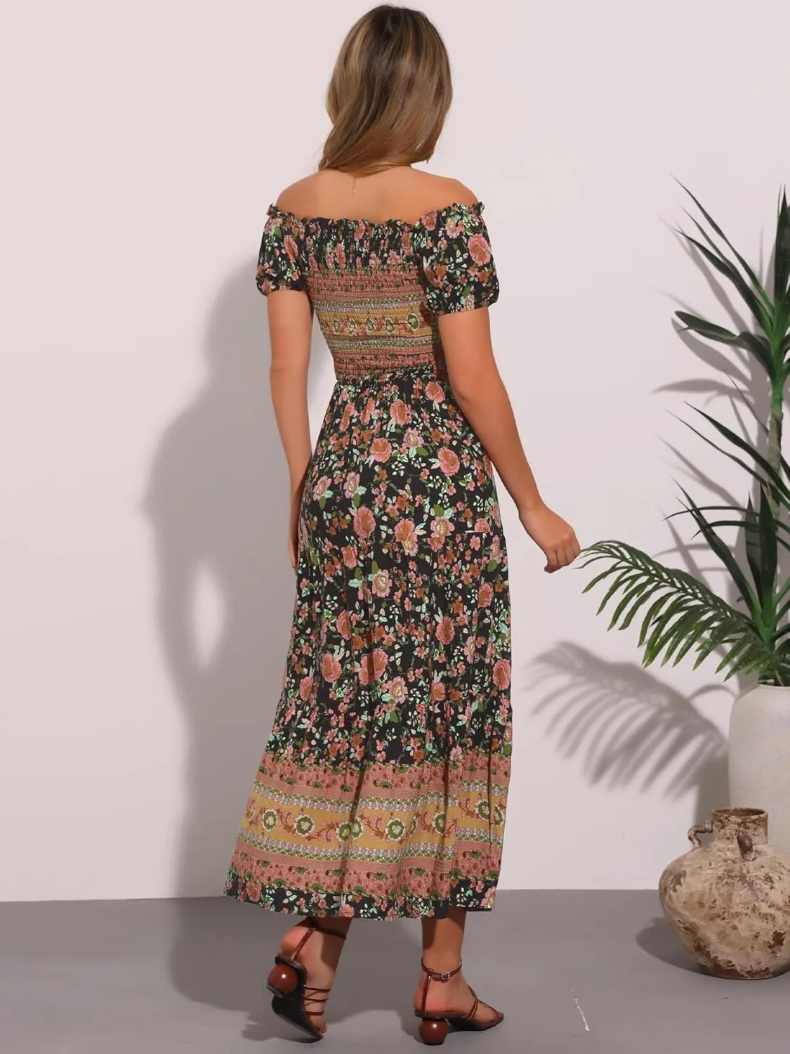 Allegra K Boho Smocked Dress for Women's Maxi Floral Off-Shoulder Flowy Dresses