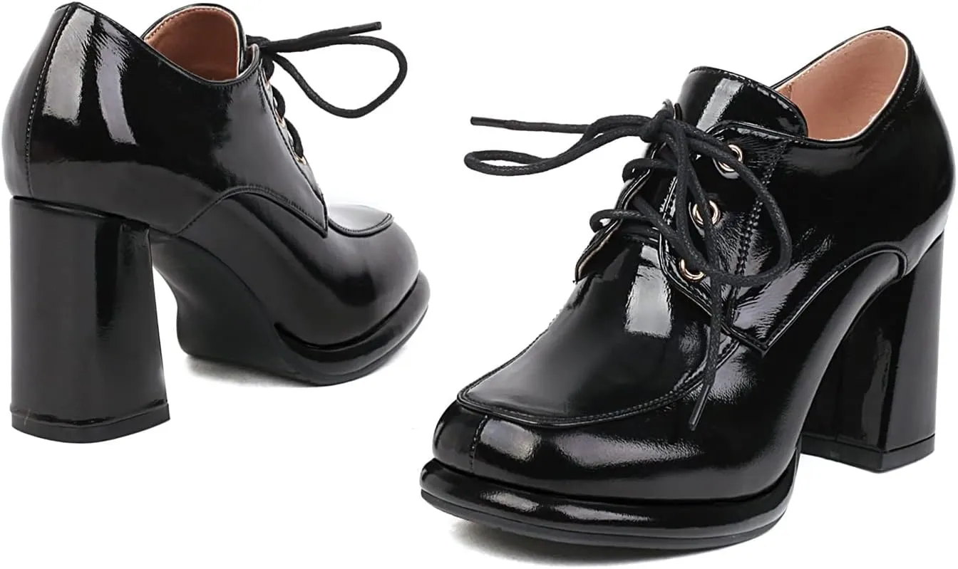 Alsoloveu Womens Platform Oxfords Patent Leather Chunky High Heel Pumps Lace up Round Toe Dress Saddle Shoes