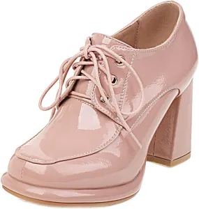 Alsoloveu Womens Platform Oxfords Patent Leather Chunky High Heel Pumps Lace up Round Toe Dress Saddle Shoes