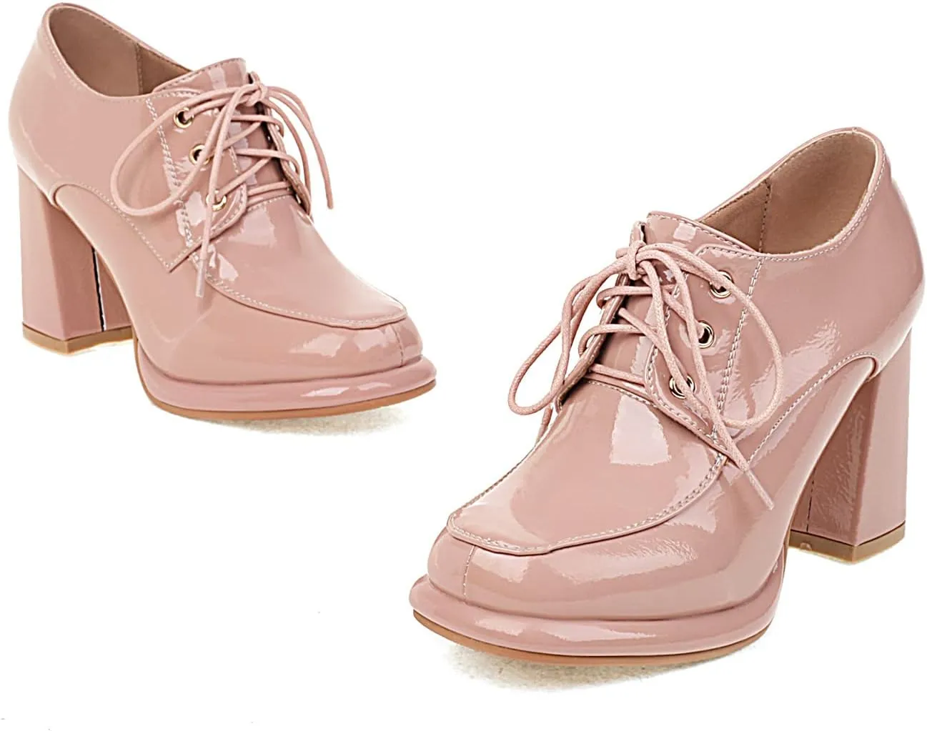 Alsoloveu Womens Platform Oxfords Patent Leather Chunky High Heel Pumps Lace up Round Toe Dress Saddle Shoes