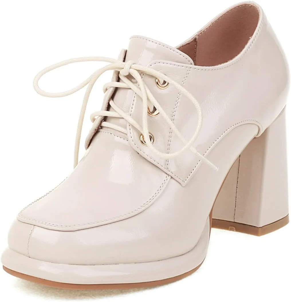 Alsoloveu Womens Platform Oxfords Patent Leather Chunky High Heel Pumps Lace up Round Toe Dress Saddle Shoes