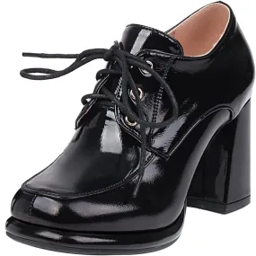 Alsoloveu Womens Platform Oxfords Patent Leather Chunky High Heel Pumps Lace up Round Toe Dress Saddle Shoes