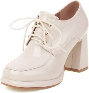 Alsoloveu Womens Platform Oxfords Patent Leather Chunky High Heel Pumps Lace up Round Toe Dress Saddle Shoes