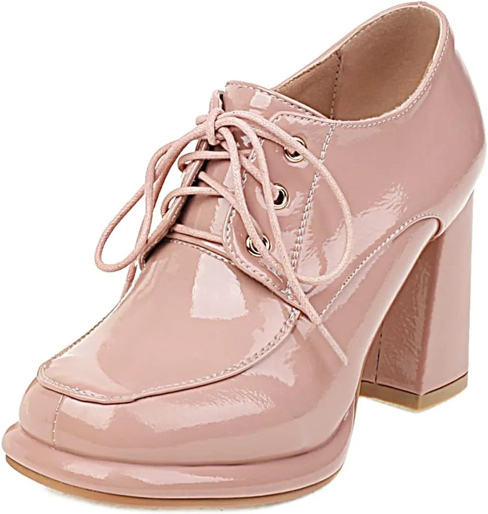 Alsoloveu Womens Platform Oxfords Patent Leather Chunky High Heel Pumps Lace up Round Toe Dress Saddle Shoes