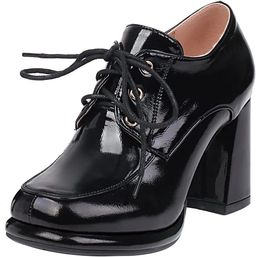 Alsoloveu Womens Platform Oxfords Patent Leather Chunky High Heel Pumps Lace up Round Toe Dress Saddle Shoes