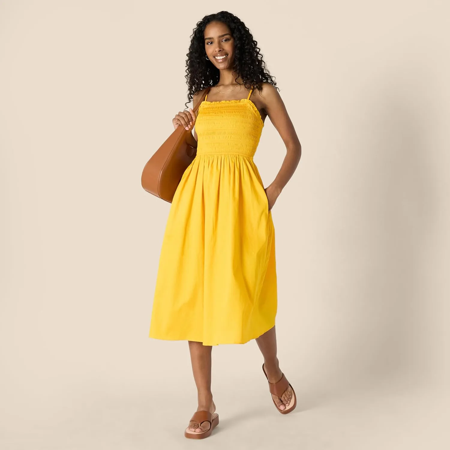 Amazon Essentials Women's Regular-Fit Cotton Sateen Smocked Bodice Midi Dress
