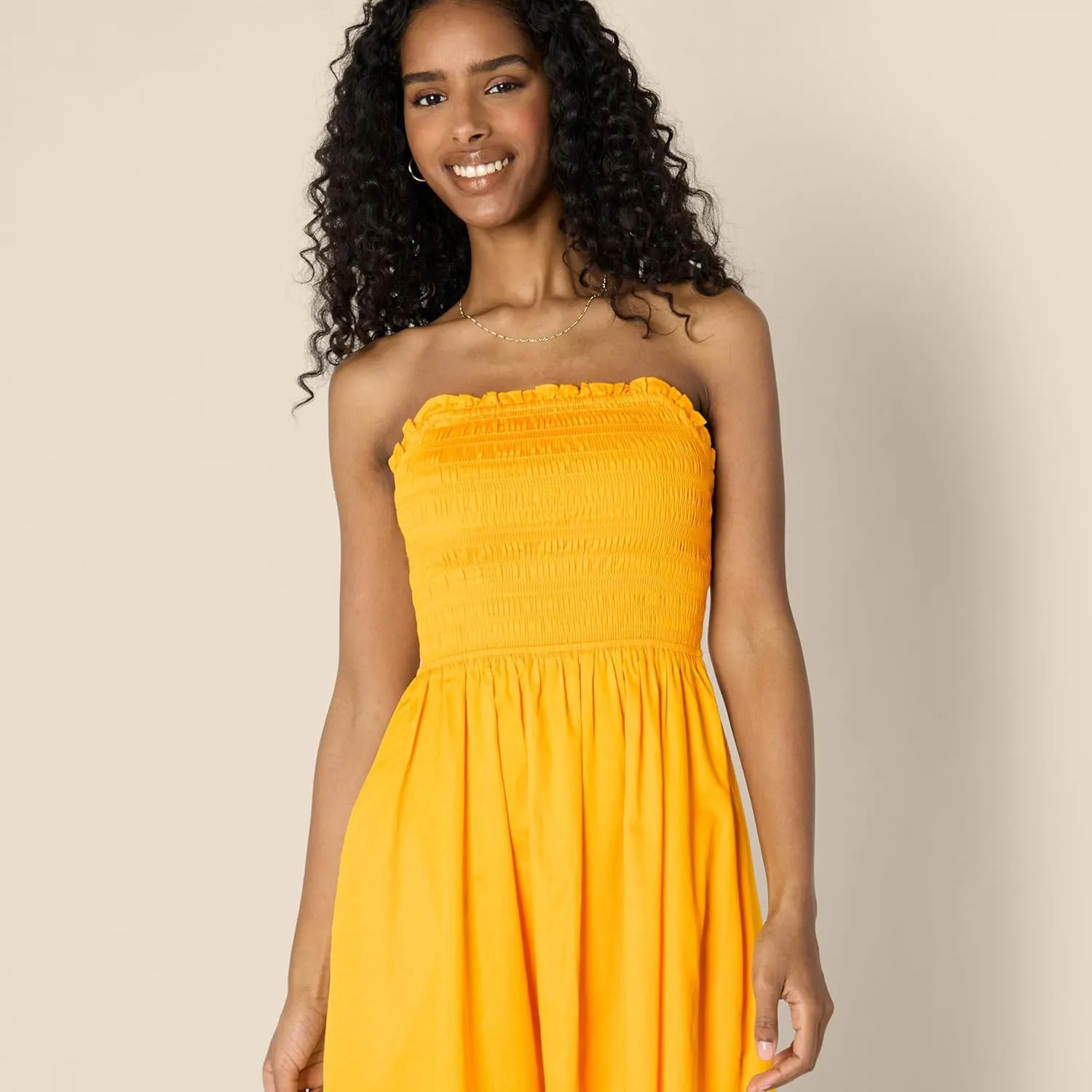 Amazon Essentials Women's Regular-Fit Cotton Sateen Smocked Bodice Midi Dress