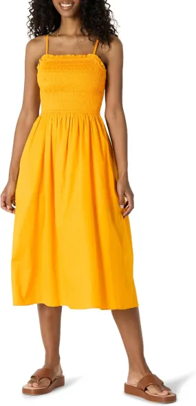 Amazon Essentials Women's Regular-Fit Cotton Sateen Smocked Bodice Midi Dress