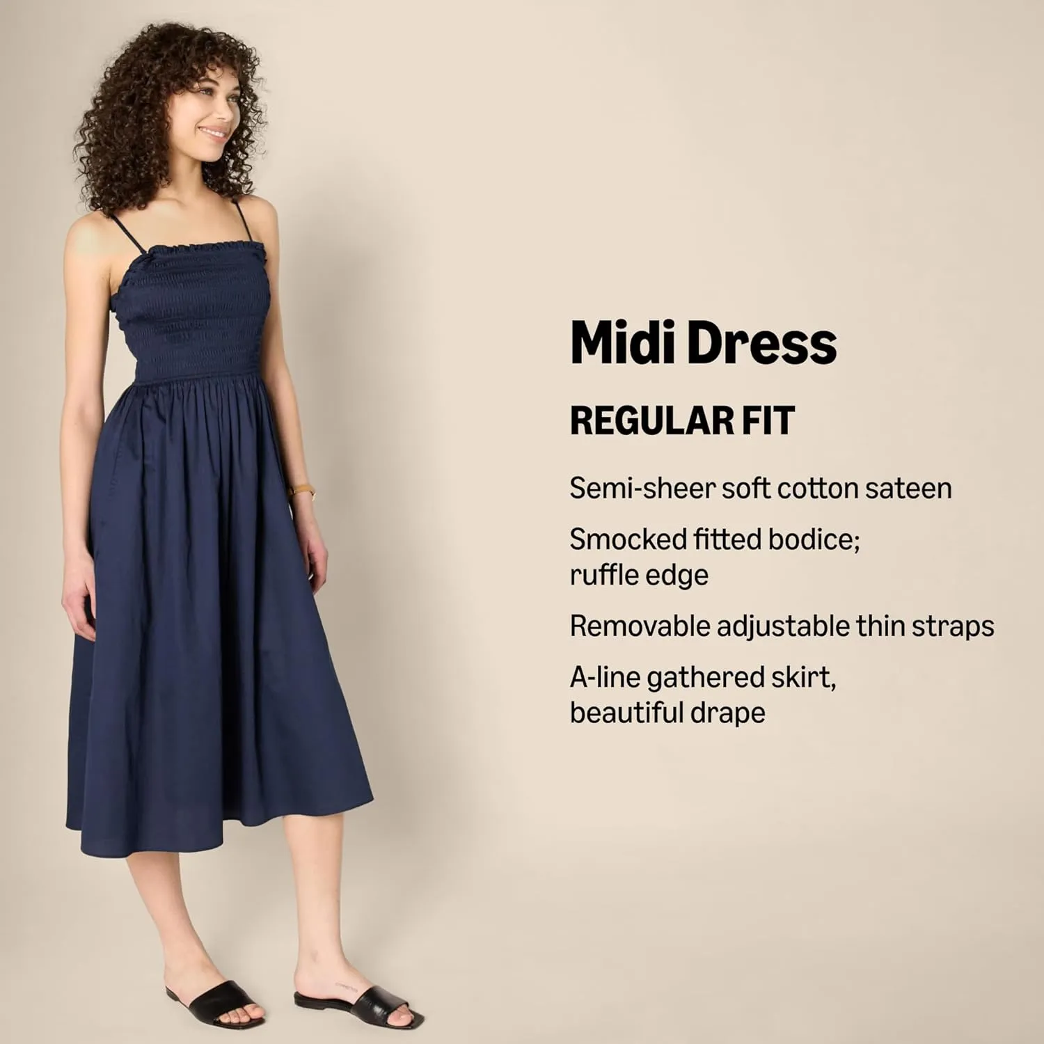 Amazon Essentials Women's Regular-Fit Cotton Sateen Smocked Bodice Midi Dress