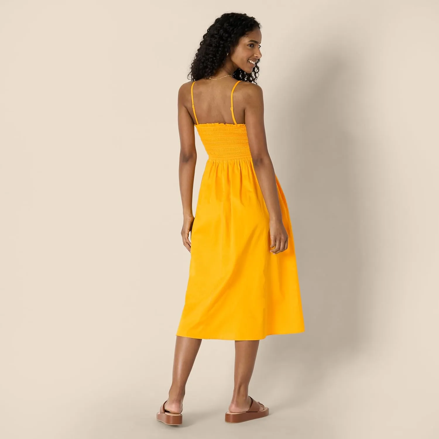 Amazon Essentials Women's Regular-Fit Cotton Sateen Smocked Bodice Midi Dress
