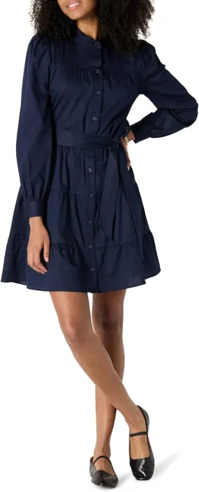 Amazon Essentials Women's Regular-Fit Cotton Sateen Tiered Shirt Dress