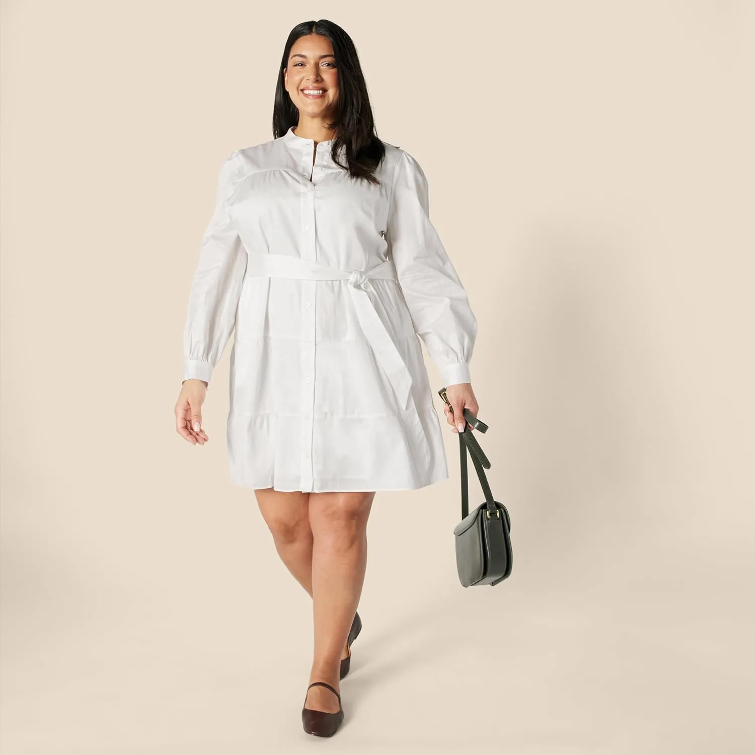 Amazon Essentials Women's Regular-Fit Cotton Sateen Tiered Shirt Dress