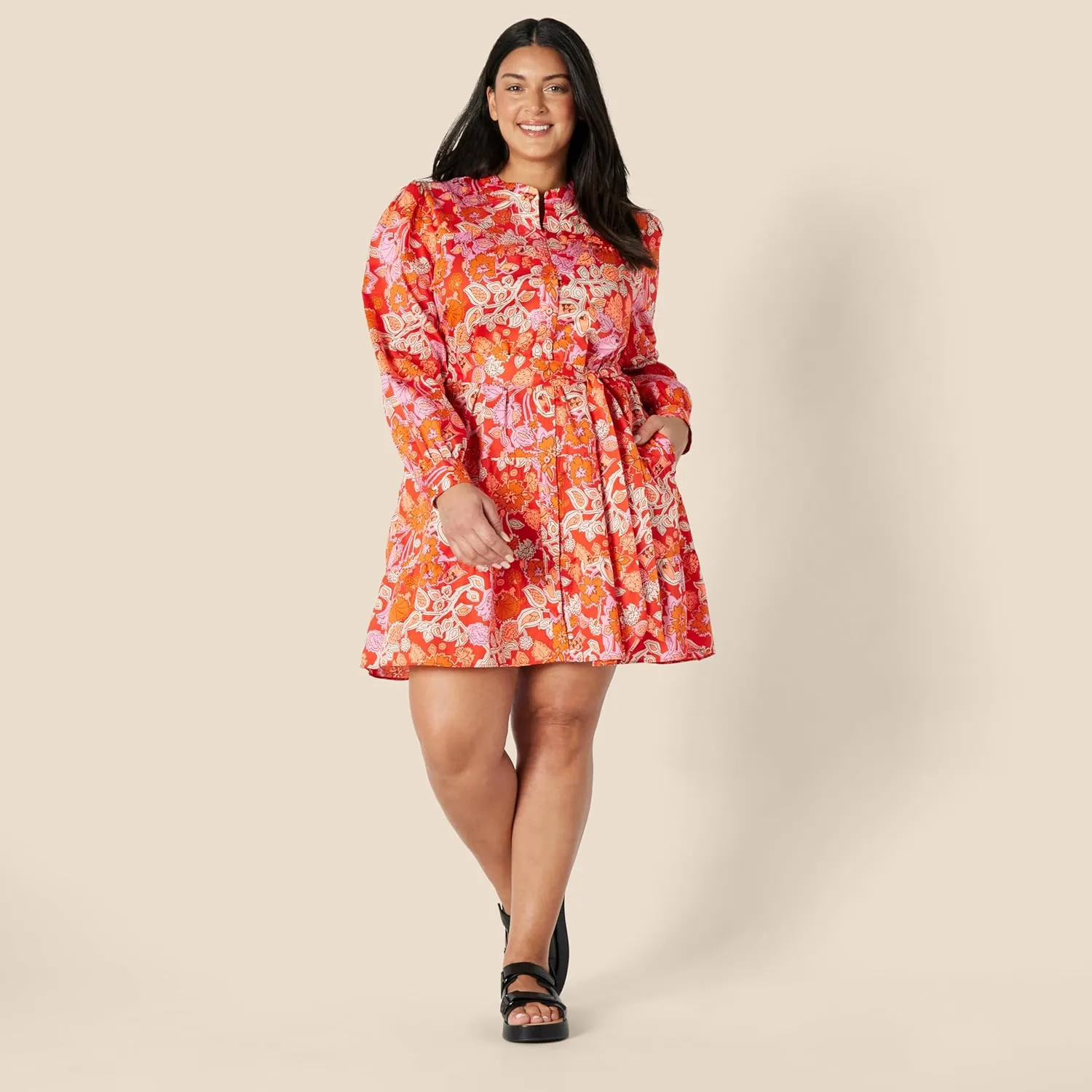 Amazon Essentials Women's Regular-Fit Cotton Sateen Tiered Shirt Dress