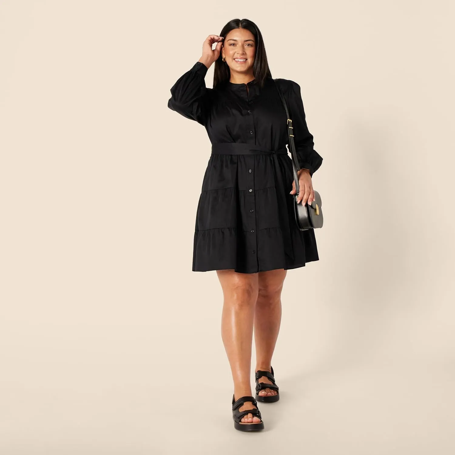 Amazon Essentials Women's Regular-Fit Cotton Sateen Tiered Shirt Dress