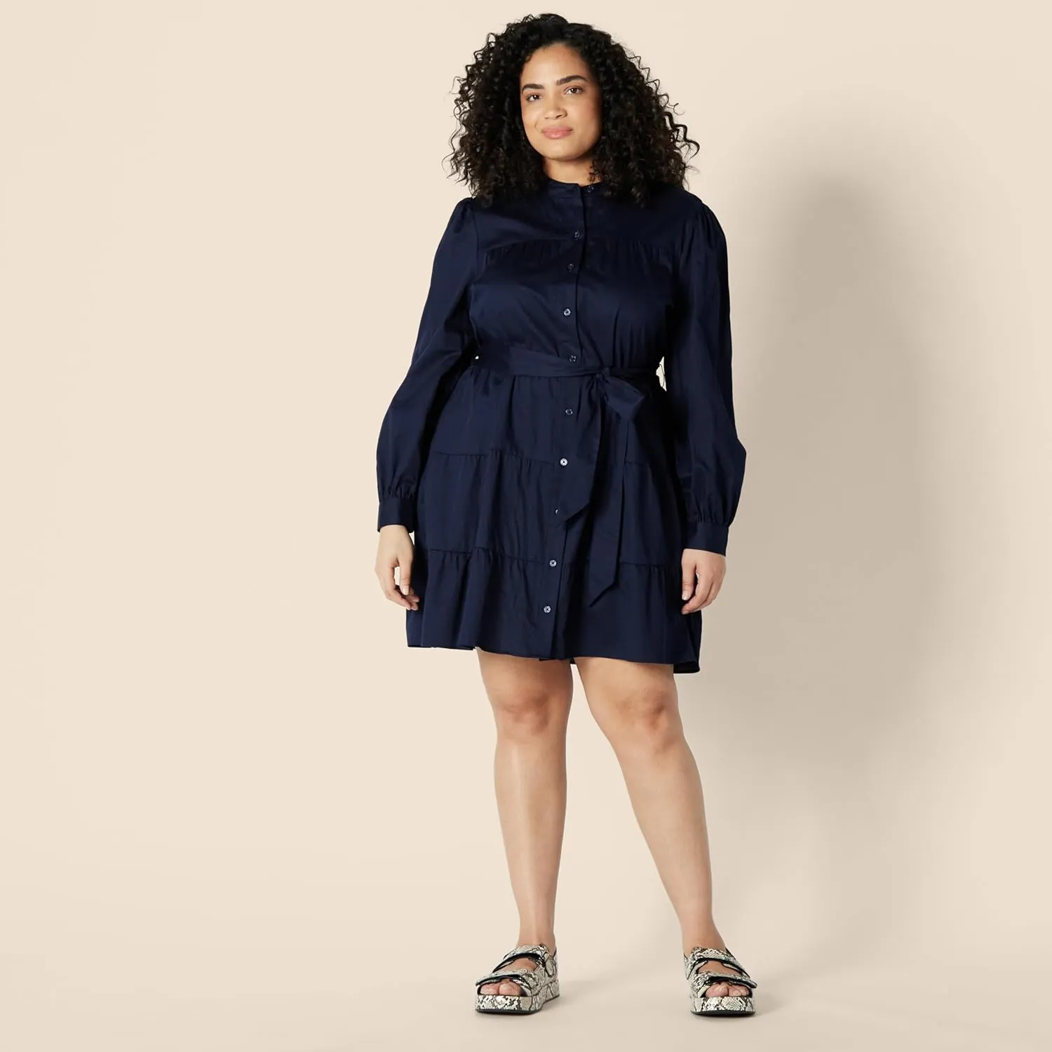 Amazon Essentials Women's Regular-Fit Cotton Sateen Tiered Shirt Dress