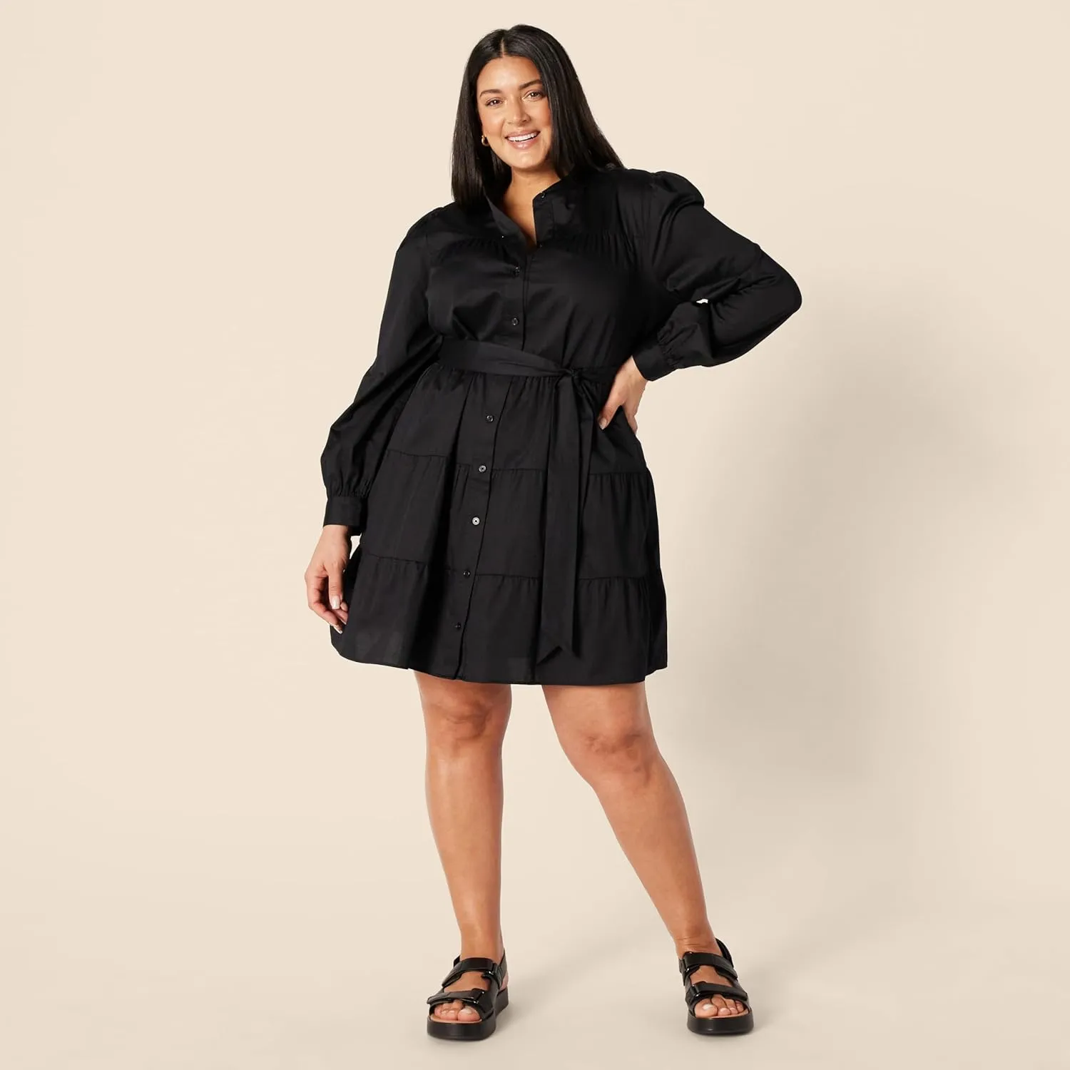 Amazon Essentials Women's Regular-Fit Cotton Sateen Tiered Shirt Dress
