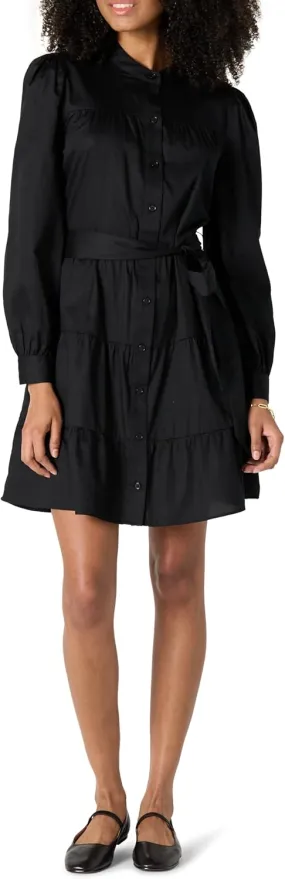 Amazon Essentials Women's Regular-Fit Cotton Sateen Tiered Shirt Dress