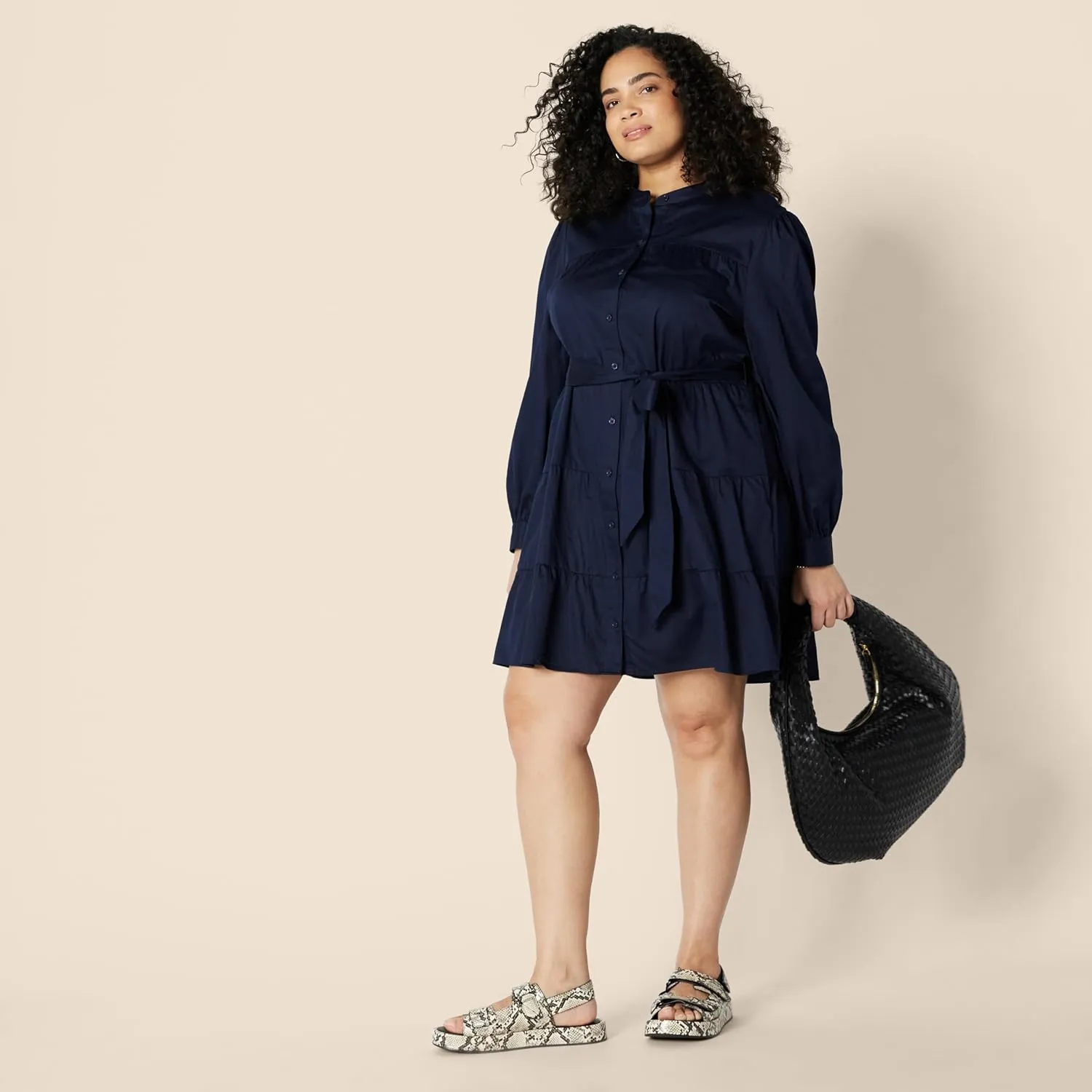 Amazon Essentials Women's Regular-Fit Cotton Sateen Tiered Shirt Dress