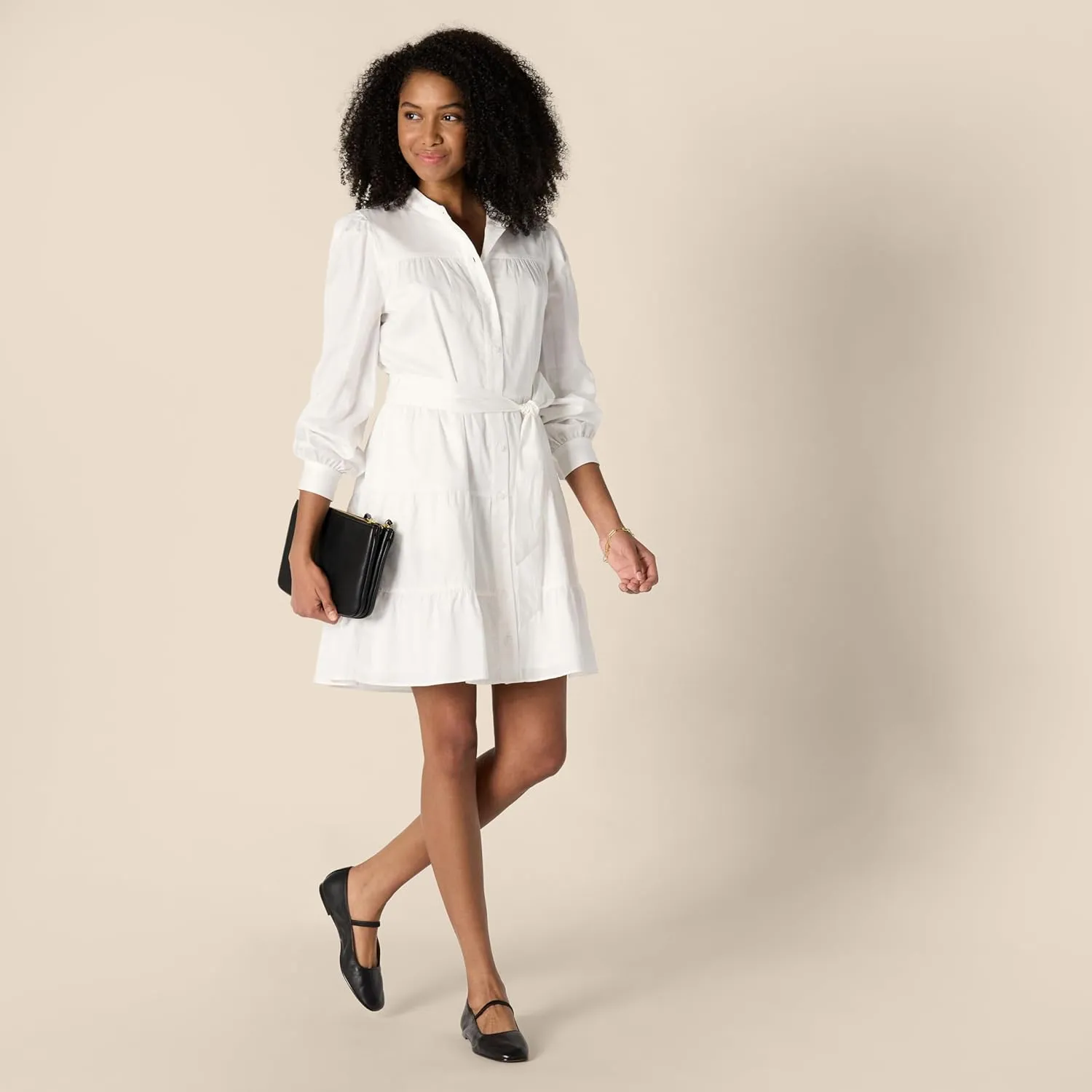 Amazon Essentials Women's Regular-Fit Cotton Sateen Tiered Shirt Dress