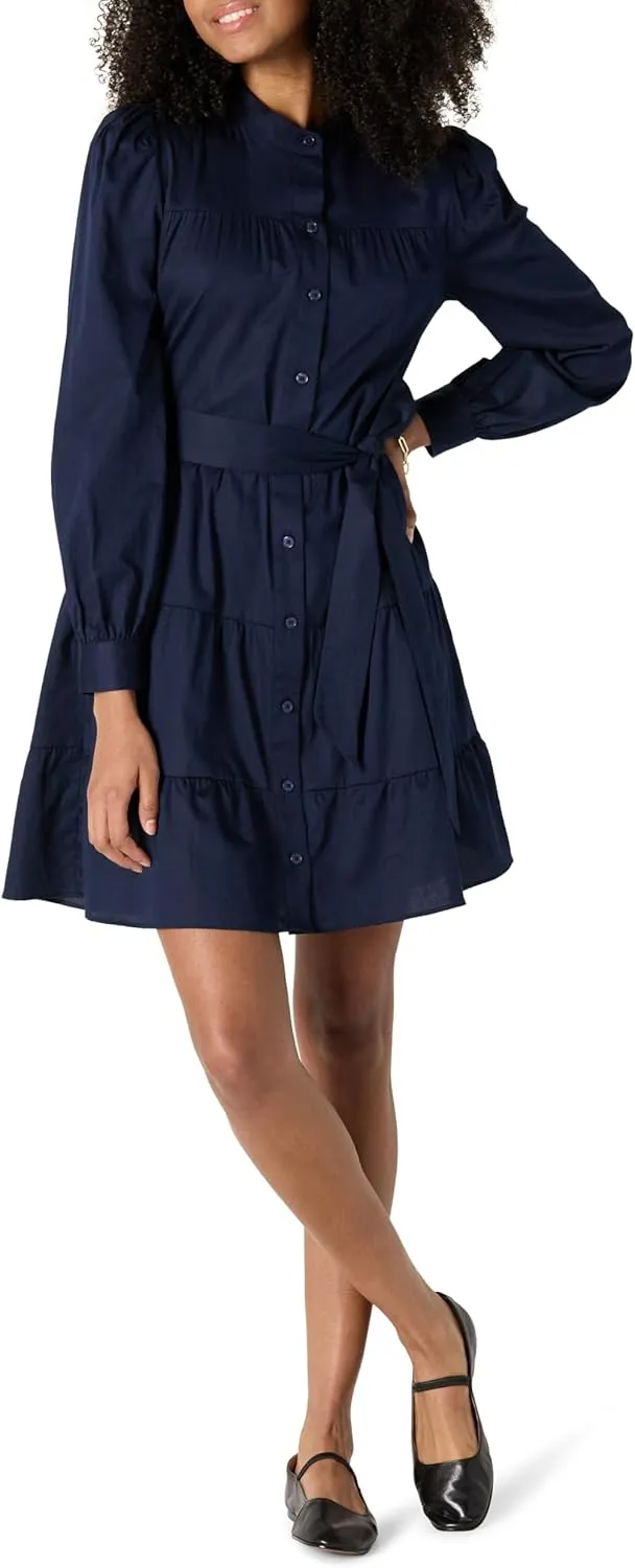 Amazon Essentials Women's Regular-Fit Cotton Sateen Tiered Shirt Dress