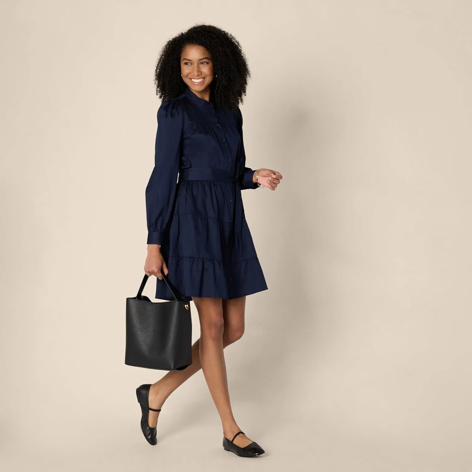 Amazon Essentials Women's Regular-Fit Cotton Sateen Tiered Shirt Dress