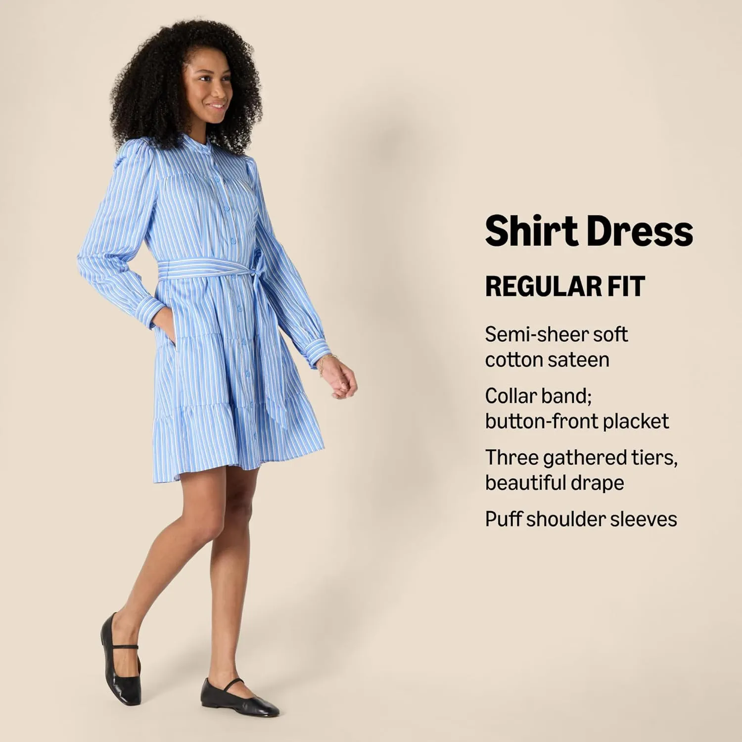 Amazon Essentials Women's Regular-Fit Cotton Sateen Tiered Shirt Dress