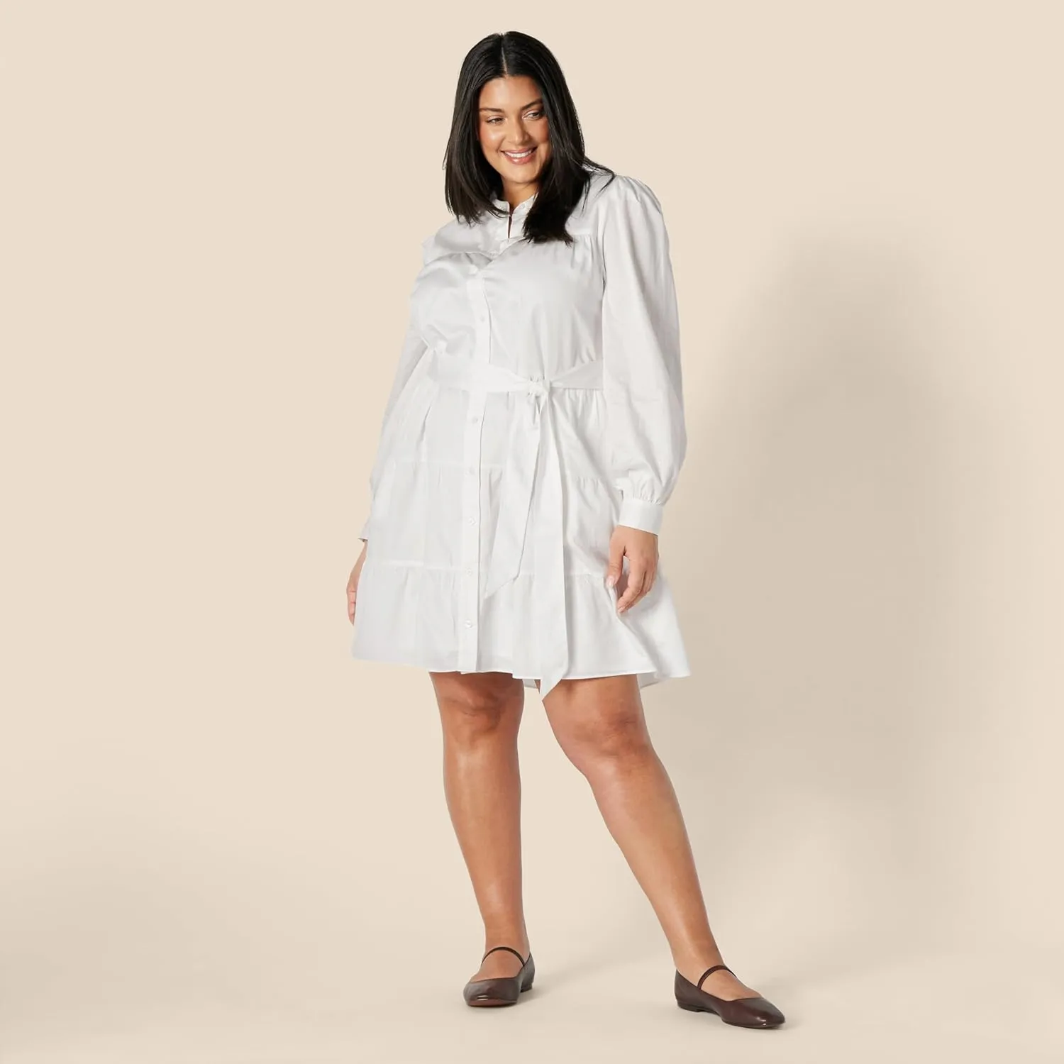 Amazon Essentials Women's Regular-Fit Cotton Sateen Tiered Shirt Dress