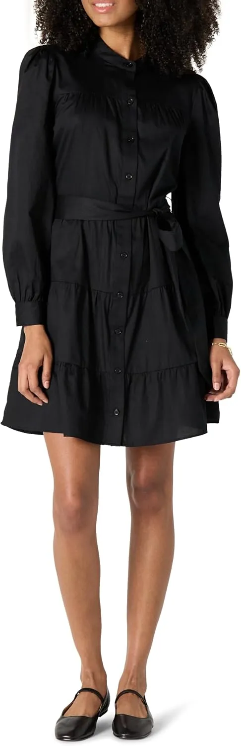 Amazon Essentials Women's Regular-Fit Cotton Sateen Tiered Shirt Dress