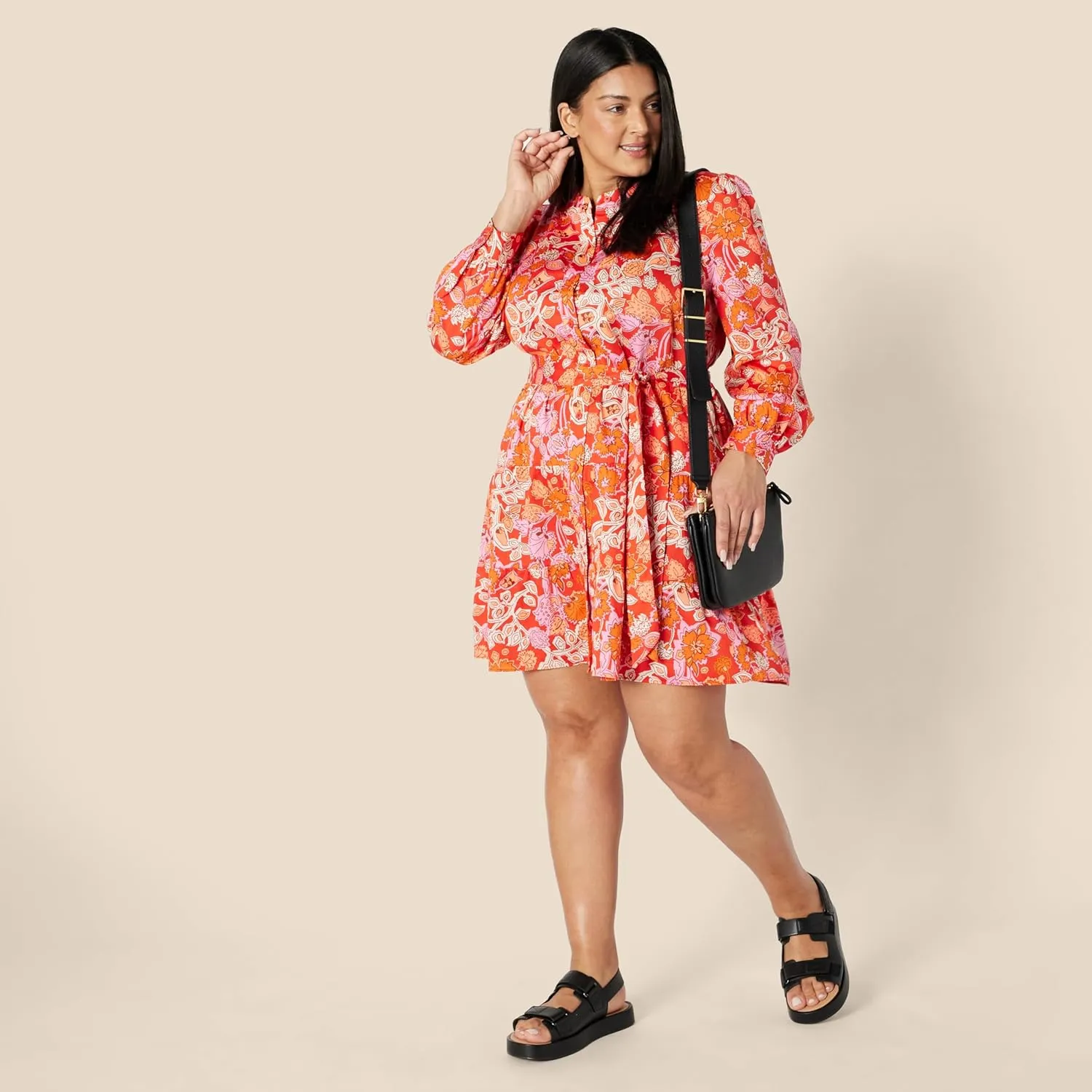 Amazon Essentials Women's Regular-Fit Cotton Sateen Tiered Shirt Dress