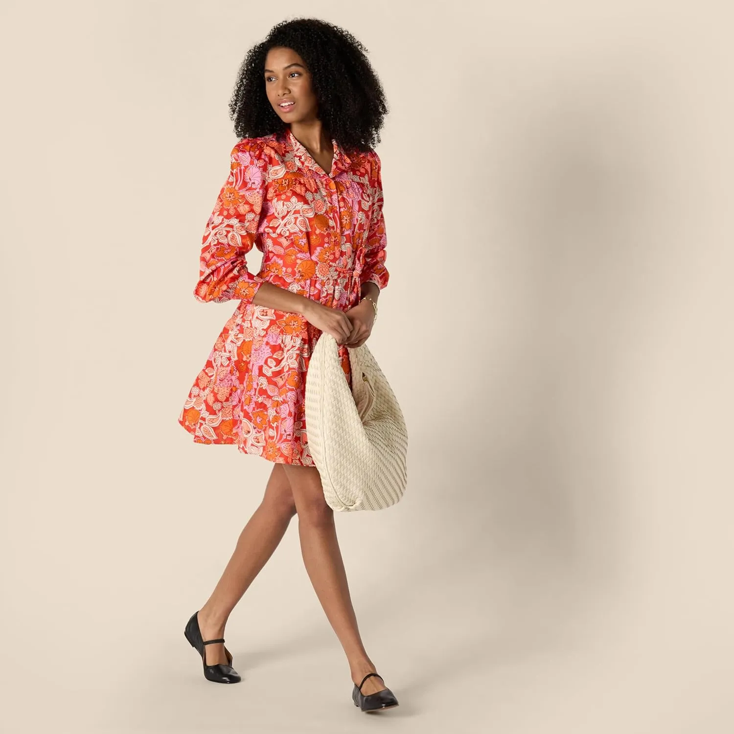 Amazon Essentials Women's Regular-Fit Cotton Sateen Tiered Shirt Dress