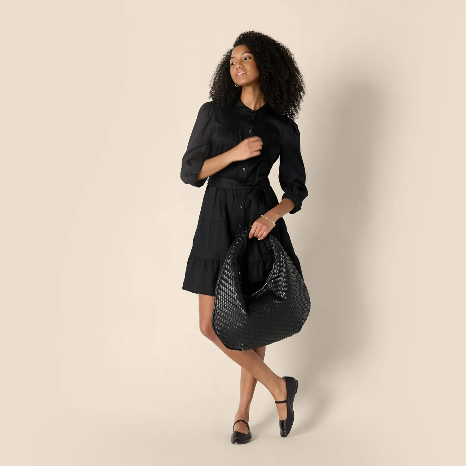 Amazon Essentials Women's Regular-Fit Cotton Sateen Tiered Shirt Dress